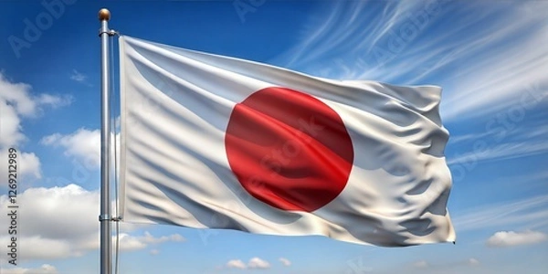 Obraz A Japanese flag waving against a clear blue sky with fluffy clouds.