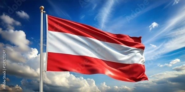 Obraz Austrian flag waving proudly against a bright blue sky with fluffy clouds.