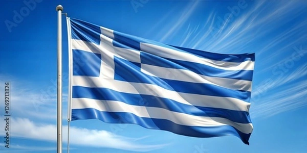 Obraz Waving Greek flag with blue sky backdrop, symbolizing national pride and heritage.
