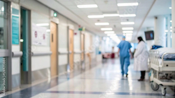 Fototapeta Blurred hospital interior with abstract medical elements, creating a soft, professional backdrop for healthcare-related visuals.