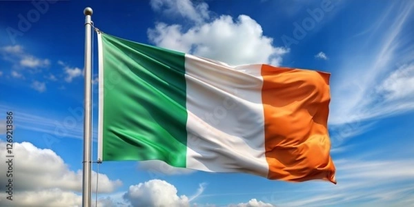 Obraz The vibrant Irish flag waving proudly against a bright blue sky with fluffy clouds.