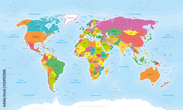 Obraz Mapa świata Planisphere. Wektoryzowane teksty francuskie