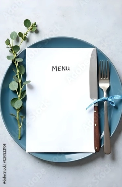 Fototapeta Clean menu card mockup with eucalyptus and silver cutlery