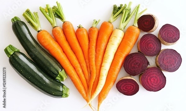 Fototapeta A vibrant arrangement of fresh vegetables including carrots, zucchini, and beets on a white background
