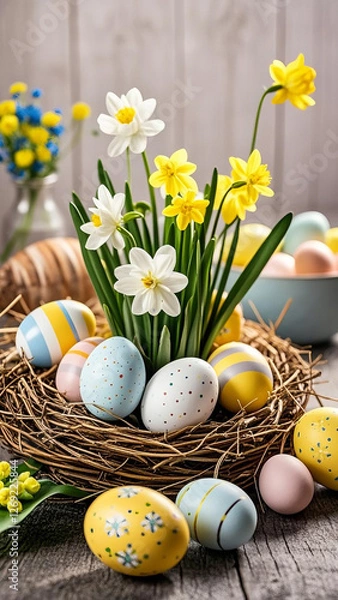 Fototapeta Easter background with Easter eggs and spring flowers. floral background, Beautiful Flowers Photos.