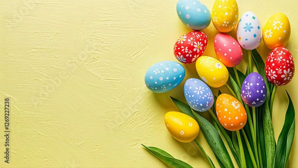 Fototapeta Easter background with Easter eggs and spring flowers. floral background, Beautiful Flowers Photos. Top view copy space