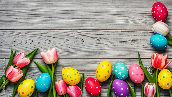 Fototapeta Easter background with Easter eggs and spring flowers. floral background, Beautiful Flowers Photos. Top view copy space