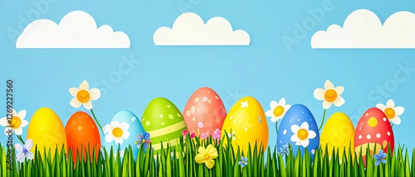 Fototapeta Easter background with Easter eggs and spring flowers. floral background, Beautiful Flowers Photos. Top view copy space