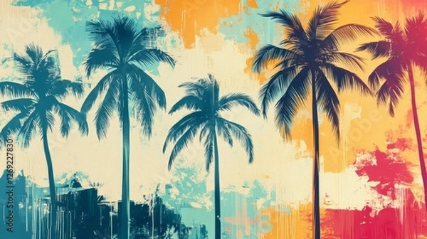 Fototapeta Colorful abstract palm trees create tropical atmosphere.