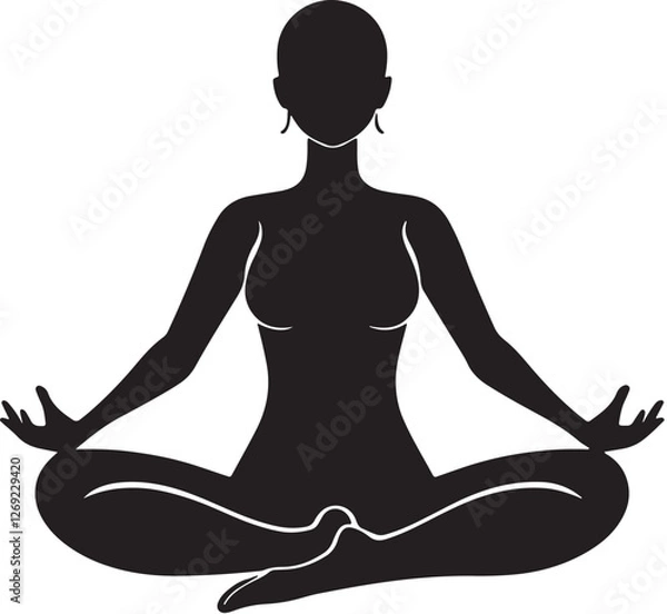 Fototapeta A person in a yoga lotus pose, line art silhouette isolated on white background