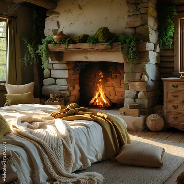 Fototapeta : A cozy rustic bedroom with wooden interiors, soft wool blankets, and a stone fireplace in a warm earthy palette q2, 