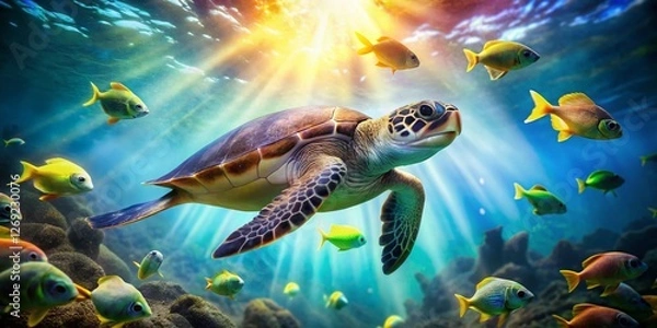 Fototapeta Stunning Bokeh Underwater Photo: Sea Turtle & Fish School