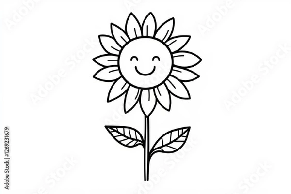Fototapeta Outline of a sunflower with simple leaves and a smiling face.