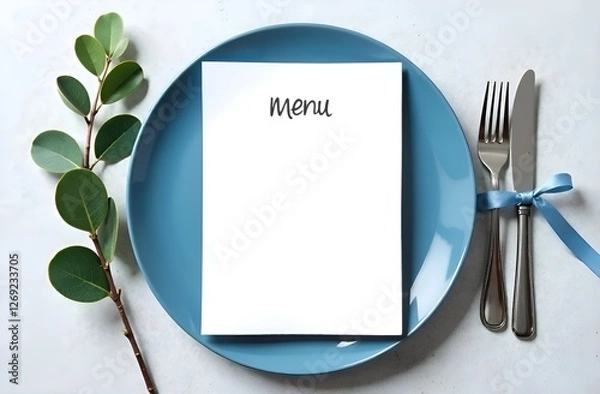 Fototapeta Minimalist menu mockup on blue plate with silver cutlery and eucalypt 