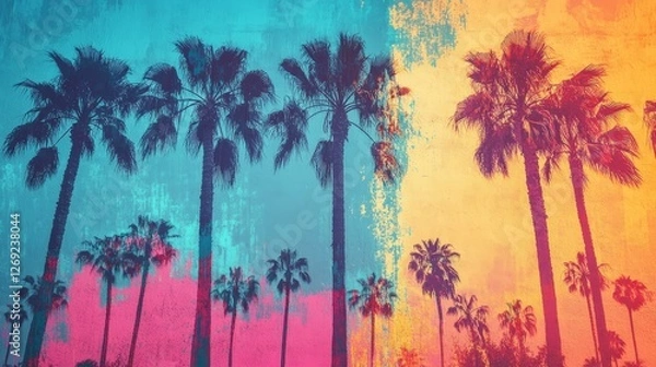 Fototapeta Colorful palm trees against vibrant textured sky.