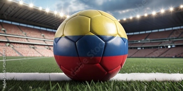 Obraz A vibrant soccer ball with the colors of Colombia resting on the lush green field of an empty stadium, ready for action.