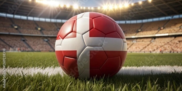 Obraz A close-up view of a soccer ball featuring Denmark's flag design, resting on lush green grass in an empty stadium.