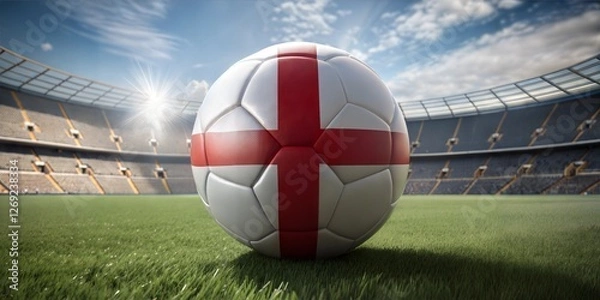 Fototapeta A vibrant soccer ball with the English flag design sits on a sunlit grassy field in a stadium.