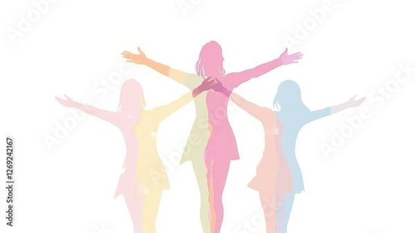 Obraz Pastel Colored Logo Illustration of Woman's Silhouette Standing on Hands Surrounded by Other Women, Symbolizing Support and Community in English Language Learning