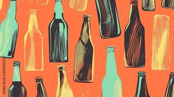 Fototapeta Colorful illustration of various bottles on an orange background.