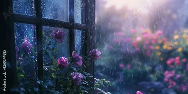 Fototapeta Raindrop-covered windowpane with blurred background and colorful flowers