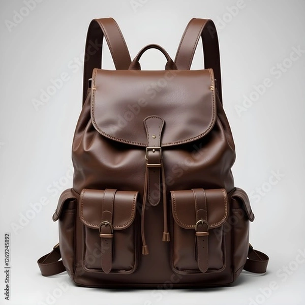 Fototapeta Realistic Vintage Brown Leather Backpack with Buckle Straps and Front Pockets – Premium Travel and Outdoor Rucksack on Transparent Background