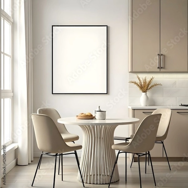Fototapeta Interior of a kitchen with a blank frame on the wall, a round table with four chairs, and a window with white curtains