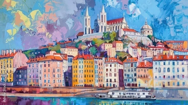 Fototapeta Vibrant cityscape of Lyon, showcasing colorful buildings and historical architecture along the riverside