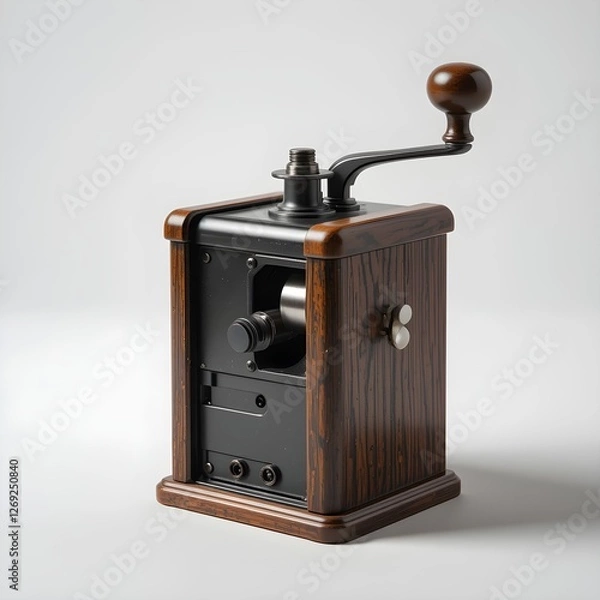 Fototapeta Vintage Wooden and Metal Pencil Sharpener with Manual Crank – Classic Retro Stationery for Office and School Use on White Background