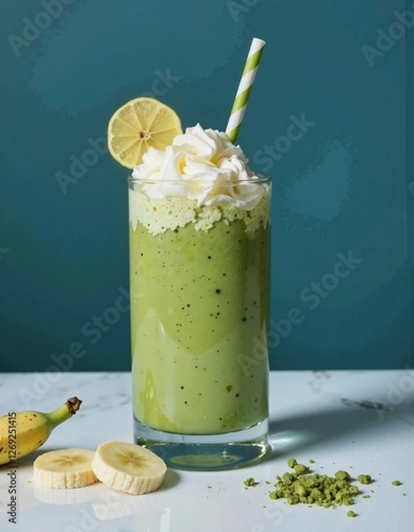 Fototapeta A vibrant green smoothie or milkshake topped with whipped cream and a lemon slice, served in a tall glass with a striped straw, accompanied by banana slices and matcha powder on a white table against
