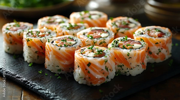 Fototapeta Close-up of gourmet sushi rolls with fresh salmon, prosciutto, and cheese, garnished with parsley on a black slate surface. Elegant Japanese cuisine and fine dining concept.