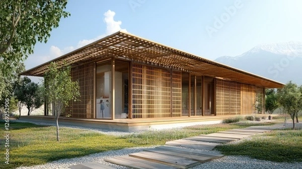 Fototapeta modern sustainable house with passive design features, surrounded by nature and mountains, showcasing wooden lattice architecture and serene atmosphere. 