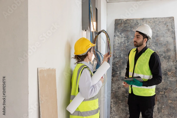 Fototapeta team electrical engineers or technicians is professionally inspecting the wiring and systems in the building. Check electrical equipment to meet safety standards. Use a tablet to check buildings.