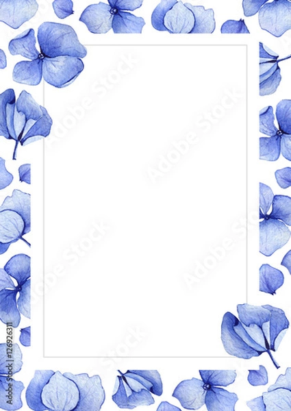Obraz Blue watercolor hydrangea flower background. Floral greeting card. Watercolor invitation card template. May be used for wedding or birthday greeting card.