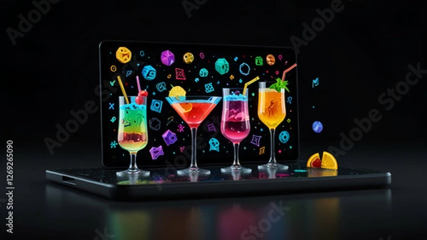 Fototapeta Colorful cocktail glasses in a neon themed party setting with glowing abstract background lights