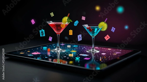 Fototapeta Colorful cocktail glasses in a neon themed party setting with glowing abstract background lights