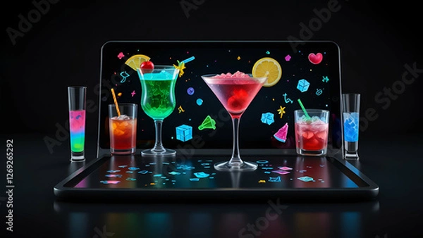 Fototapeta Colorful cocktail glasses in a neon themed party setting with glowing abstract background lights