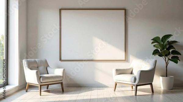 Fototapeta Modern minimalist living room interior design with two armchairs and a large blank frame on the wall, bathed in sunlight