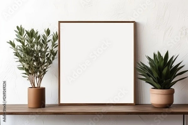 Fototapeta A minimalist display featuring a blank framed canvas and two potted plants on a wooden shelf against a neutral wall.