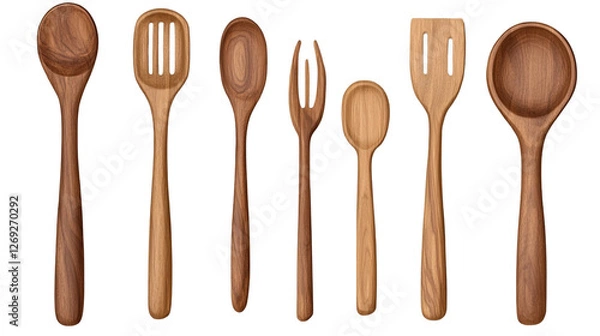 Fototapeta Wooden Utensils Ensemble: A close-up shot of an array of polished wooden cooking utensils, showcasing their varying forms and textures, perfect for culinary creations. 