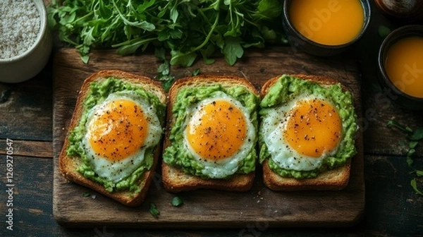 Fototapeta Avocado toast with fried eggs, healthy breakfast