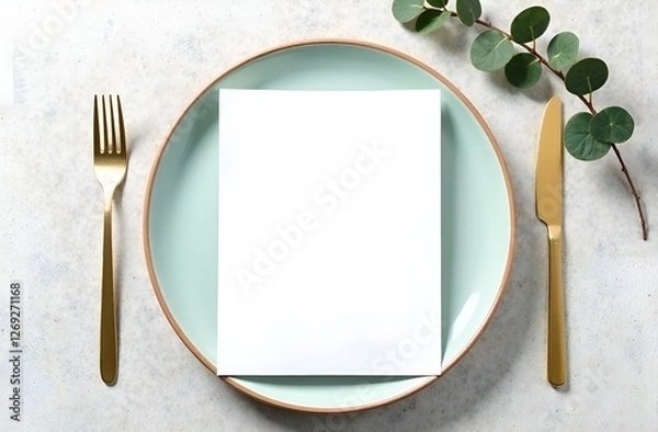Fototapeta Simple minimalist menu design mockup with gold cutlery and mint plate