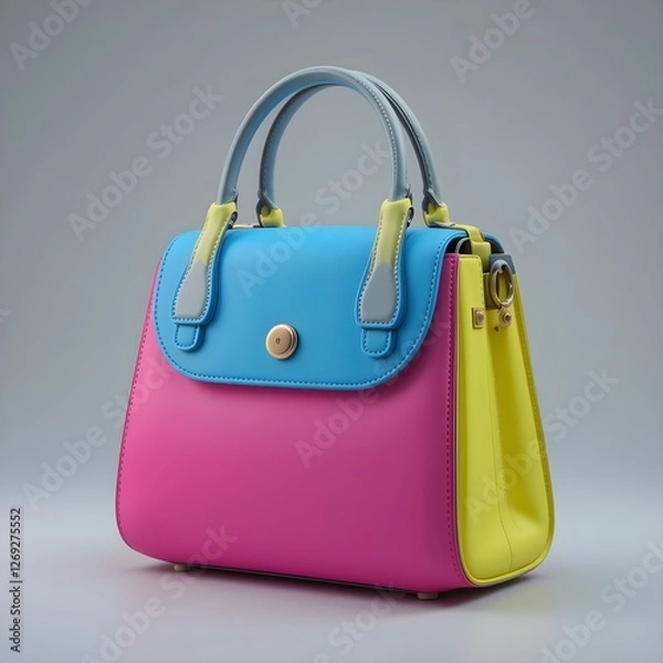 Fototapeta Hyper-Realistic 3D Handbag with Vibrant Electric Blue, Bright Pink, and Neon Yellow Color Palette