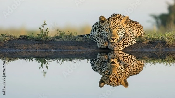 Fototapeta Leopard resting by water's edge, reflection, serene