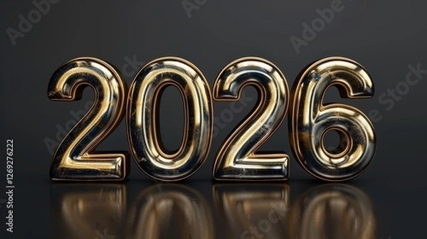 Fototapeta Metallic gold numbers 2026 shining against a dark background in a minimalist setting