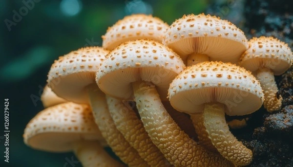 Fototapeta Vibrant orange mushrooms growing on a tree trunk in a lush green forest setting.