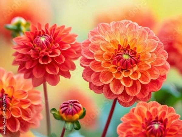 Fototapeta Brightly colored dahlia flowers bloom in a vibrant garden setting during summer days