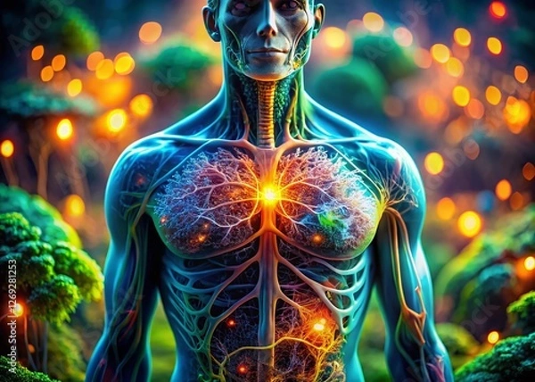 Fototapeta Tilt-Shift Microscopic View: Human Respiratory & Circulatory Systems as Fungi Network