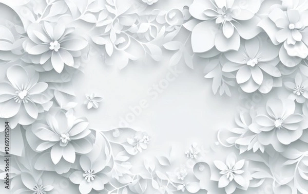 Fototapeta White paper flowers, frame,  floral design, empty center