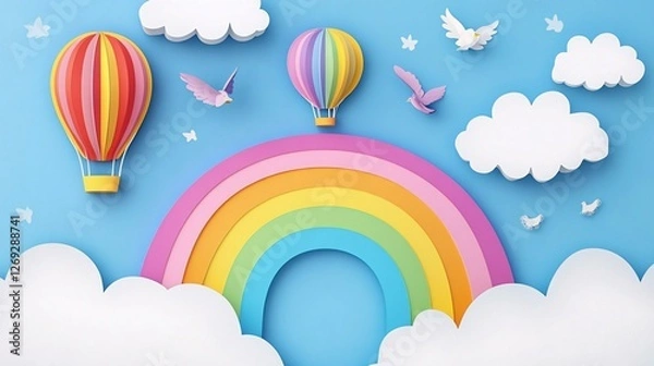 Obraz Paper art of hot air balloon flying in the sky with rainbow and clouds.